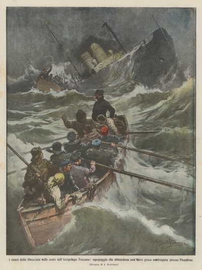 The Damage of the Libeccio on the Coasts of the Tuscan Archipelago, Crew Abandons a Ship by Achille Beltrame